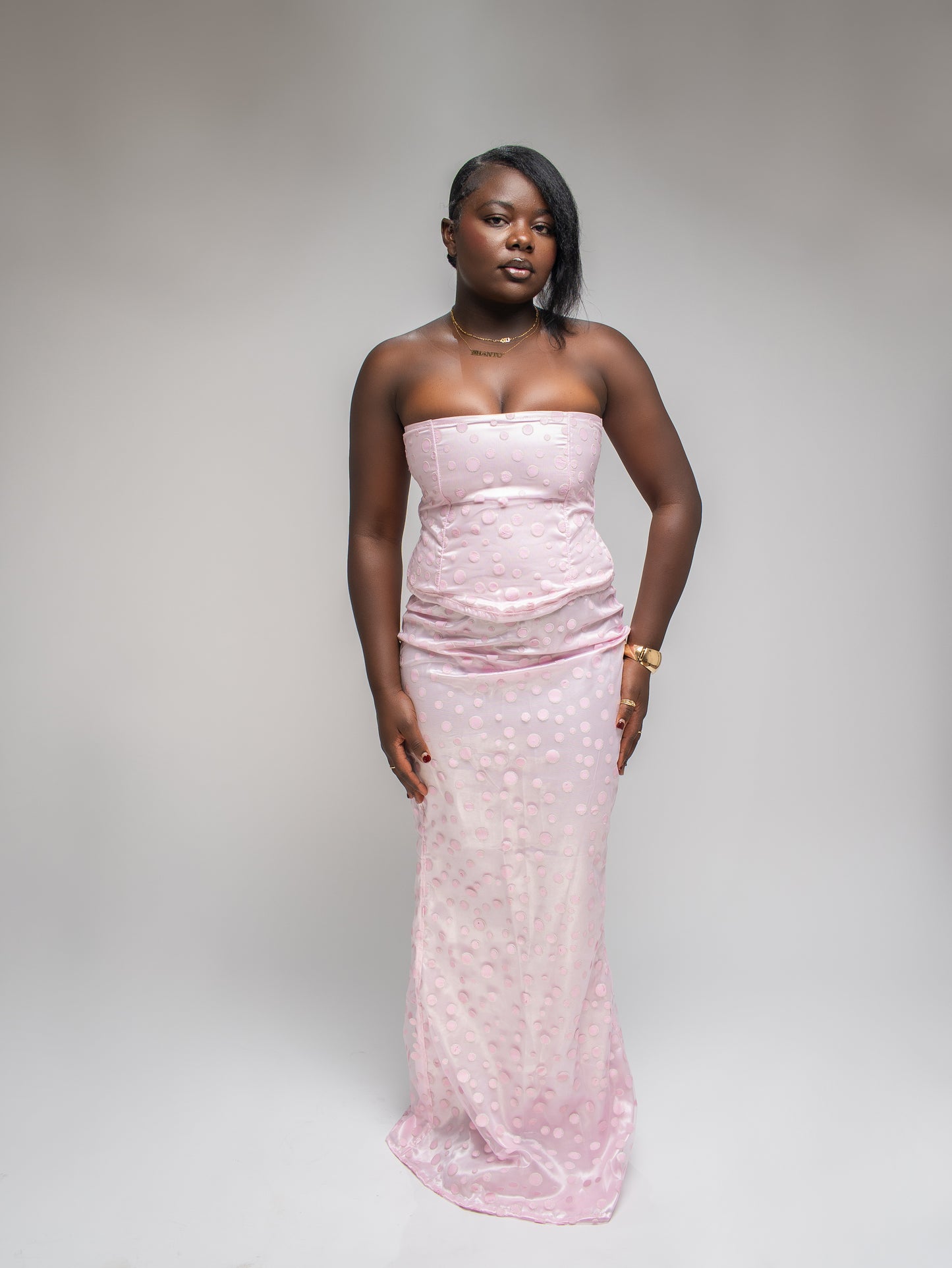 Pink Polka Dot Strapless Grown
