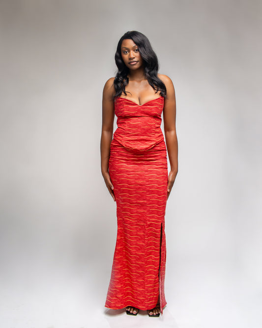 Coral Corset Gown With High Slit